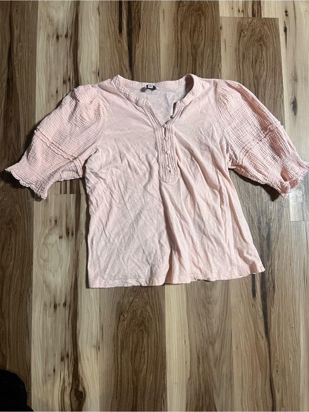 Wonderly Soft Peach Gauze Puff-Sleeve Henley